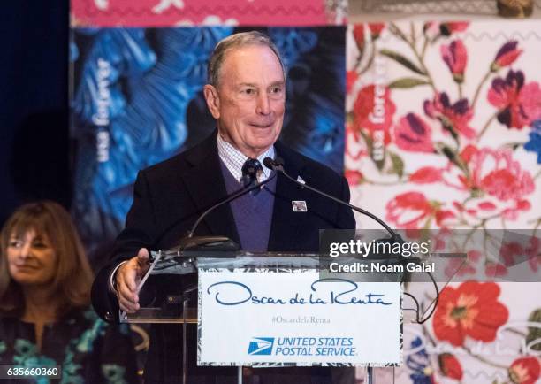 Of Bloomberg L.P. Michael Bloomberg speaks at the Oscar de la Renta Forever Stamp dedication ceremony at Grand Central Terminal on February 16, 2017...