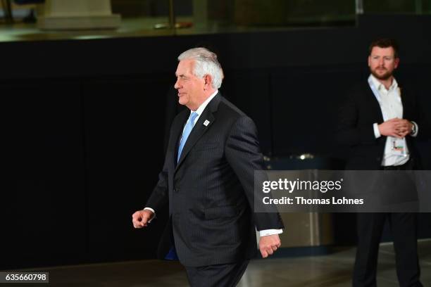 Secretary of State Rex Tillerson arrives for the family photo of the G20 foreign ministers' meeting on February 16, 2017 in Bonn, Germany. The...