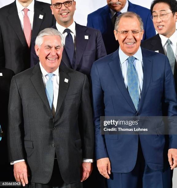 Secretary of State Rex Tillerson and the Russian Foreign Minister Sergei Lavrov stand in the first row together during the family photo of the G20...