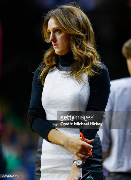 Sideline reporter Allison Williams is seen during the Notre Dame Fighting Irish game against the Florida State Seminoles at Purcell Pavilion on...