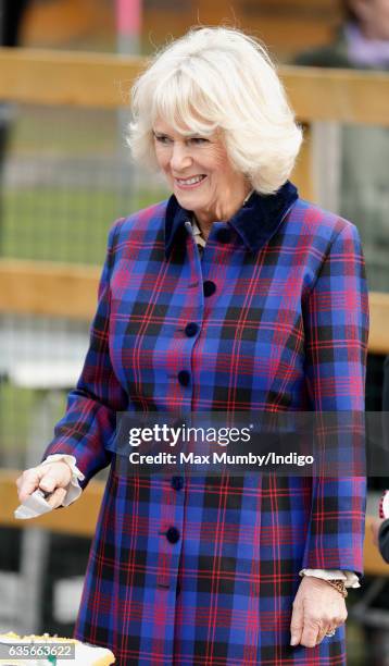 Camilla, Duchess of Cornwall cuts a cake during a visit to the Ebony Horse Club riding centre to celebrate the club's 21st anniversary on February...