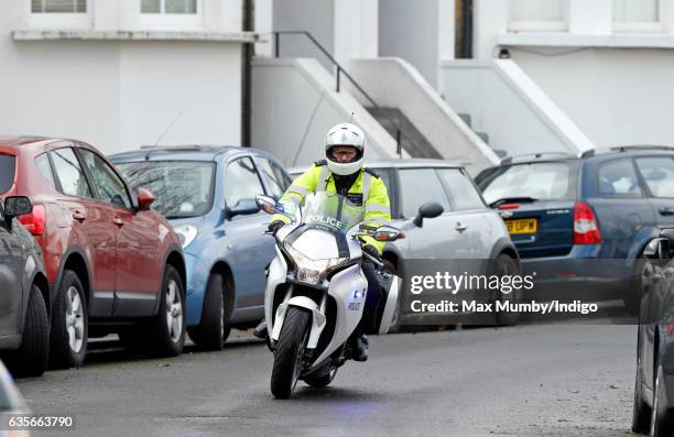 Metropolitan Police Motorcycle Outrider of the Special Escort Group leads the convoy transporting Camilla, Duchess of Cornwall as she visits the...