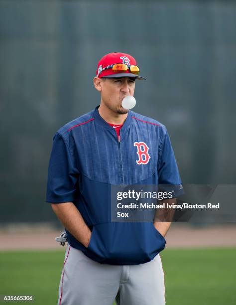 Allen Craig of the Boston Red Sox blows a bubble during batting practice on February 16, 2017 at jetBlue Park in Fort Myers, Florida. Allen Craig