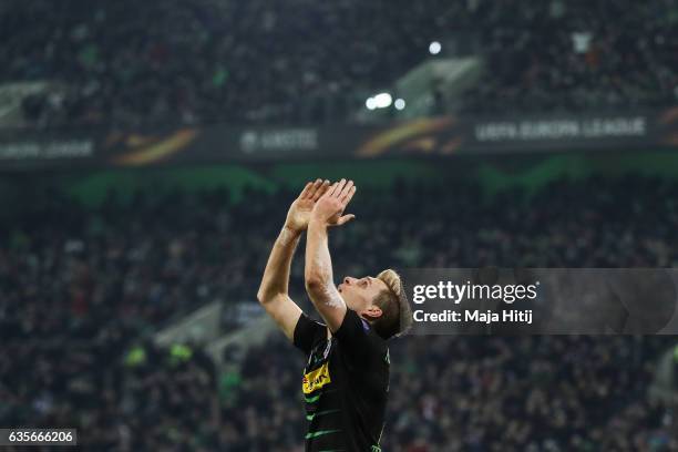 Patrick Herrmann of Moenchengladbach reacts during the UEFA Europa League Round of 32 first leg match between Borussia Moenchengladbach and ACF...