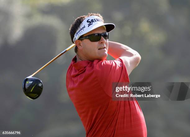 Charlie Beljan plays his shot from the second tee during the first round at the Genesis Open at Riviera Country Club on February 16, 2017 in Pacific...