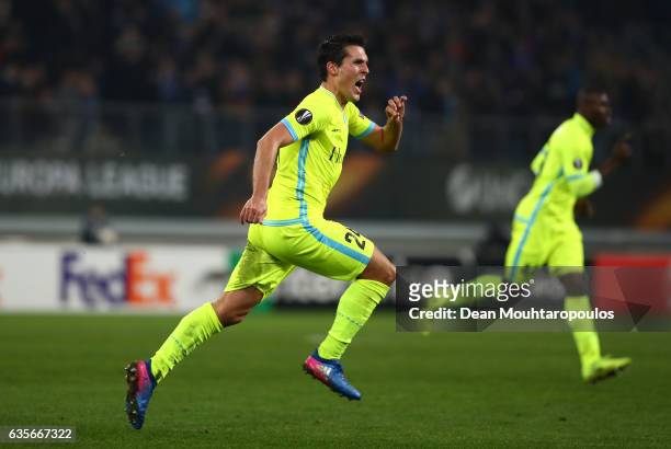 Jeremy Perbet of KAA Gent celebrates after scoring his sides first goal during the UEFA Europa League Round of 32 first leg match between KAA Gent...