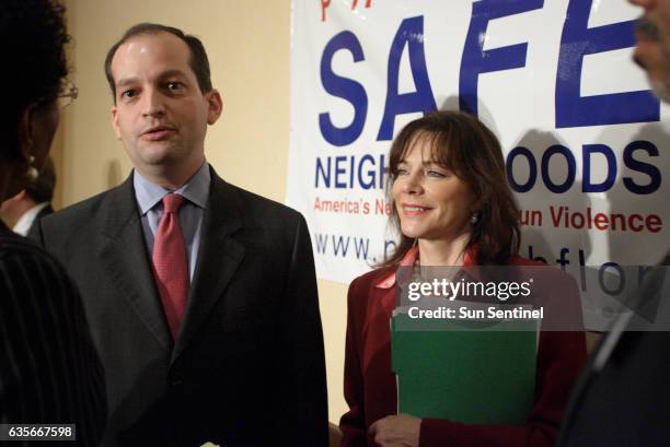 Alex Acosta, Federal Attorney, left, and Katherine Fernandez, Miami-Dade State Attorney, right, during a press conference celebrated during the...