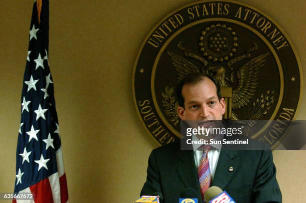 Alexander Acosta, United States Attorney for the Southern District of Florida, speaks at a press conference on the alledged illegal activities of...