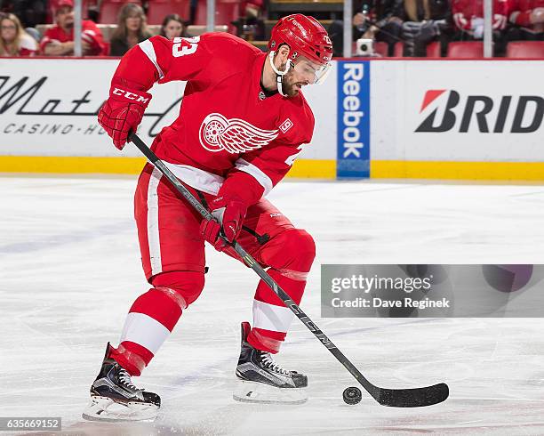 Brian Lashoff of the Detroit Red Wings controls the puck during an NHL game against the Arizona Coyotes at Joe Louis Arena on December 13, 2016 in...
