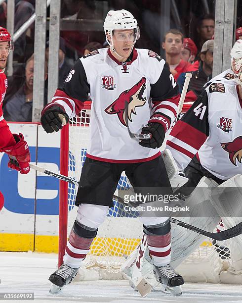 Michael Stone of the Arizona Coyotes ""defends the front of the net during an NHL game against the Detroit Red Wings at Joe Louis Arena on December...