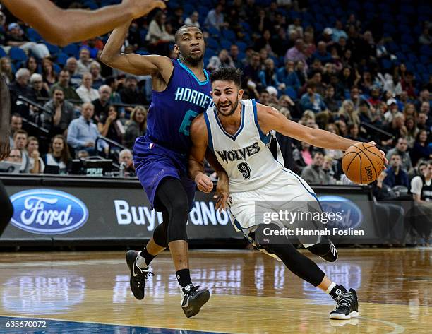 Ricky Rubio of the Minnesota Timberwolves drives to the basket against Rasheed Sulaimon of the Charlotte Hornets during the preseason game on October...