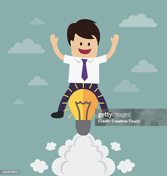 businessman flying with idea bulb - smart learning objectives stock illustrations