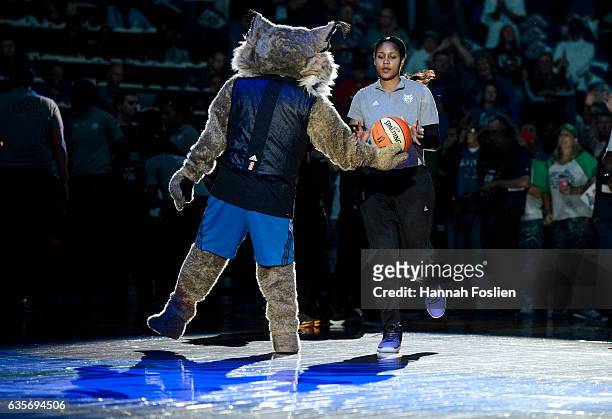 Prowl, mascot for the Minnesota Lynx looks on as Maya Moore is announced before Game Two of the 2016 WNBA Finals against the Los Angeles Sparks on...