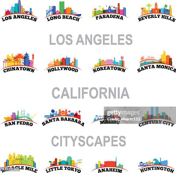 bildbanksillustrationer, clip art samt tecknat material och ikoner med los angeles cityscapes - santa monica los angeles