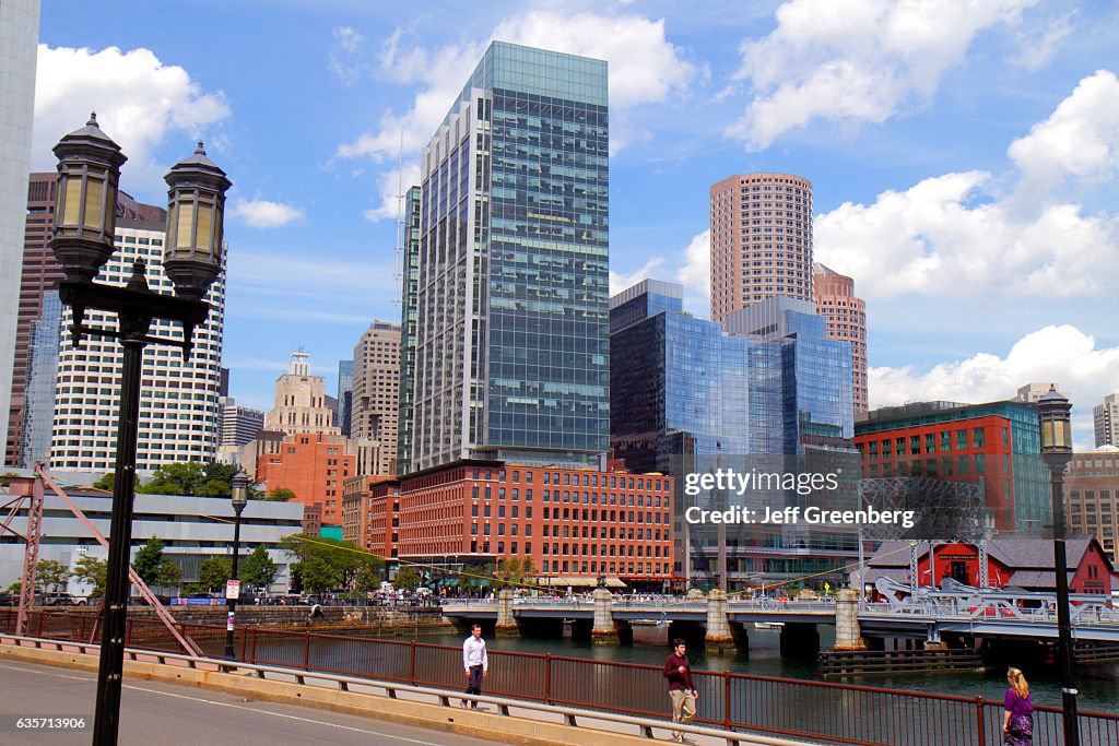 Summer Street bridge, Fort Point Channel, city skyline.