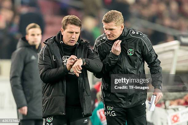 Coach Daniel Stendel of Hannover and Co-coach Markus Gellhaus of Hannover gestures during the Second Bundesliga match between VfB Stuttgart and...