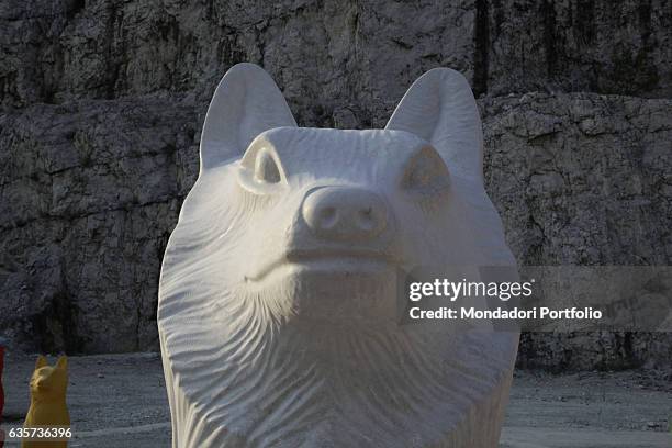 Primo piano del lupo di marmo che insieme ai lupi di plastica fa parte di Cave Canem, l'invasione da parte di Cracking Art della Cava Burgazzi. La...