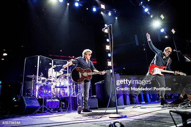 Musicians Roger Daltrey and Pete Townshend, members of the rock band The Who, on stage performing live in concert at the Mediolanum Forum during the...