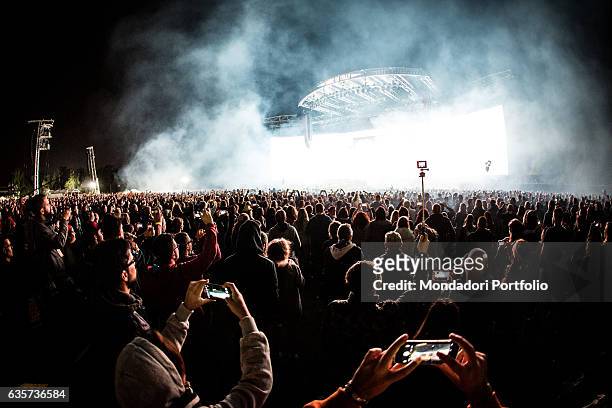 Singer-songwriter Luciano Ligabue performing on stage during the Liga Rock Park. The stage and the audience. Monza , 24th September 2016