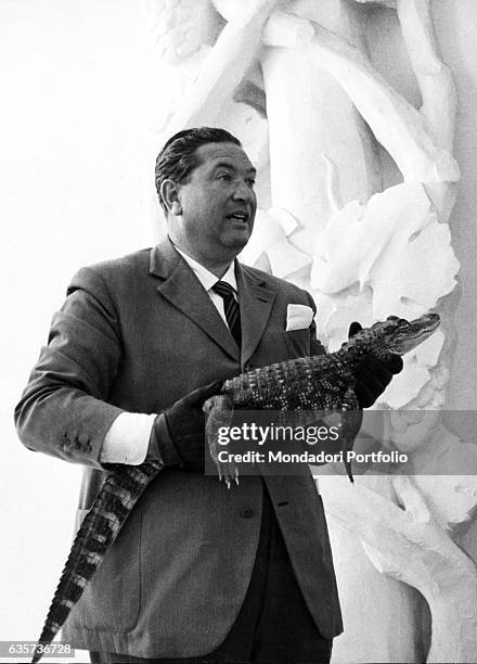 Italian TV host Angelo Lombardi holding a crocodile cub in the TV show L'amico degli animali. 1960