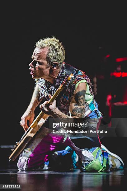 The bass player of the band Red Hot Chili Peppers Flea in concert at the Unipol Arena in Bologna. Bologna, Italy. 8th October 2016