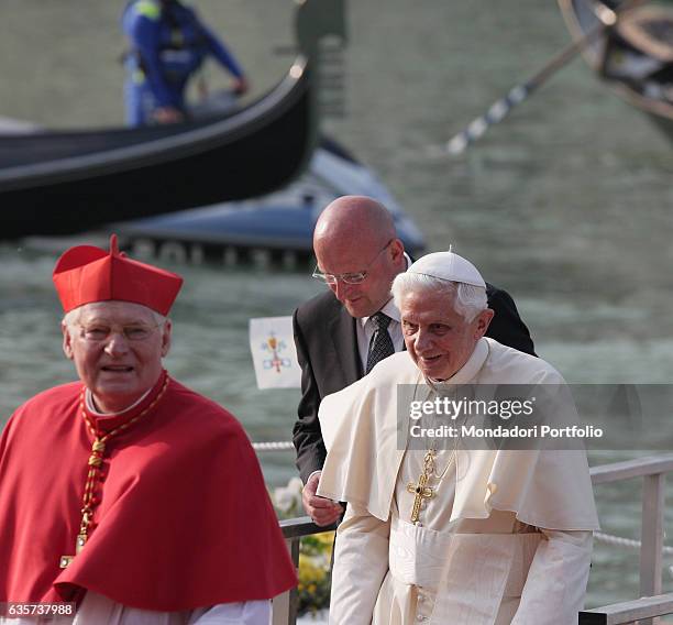 Pope Benedict XVI visiting Venice. The pontiff, accompanied by Angelo Scola, Cardinal and Patriarch of Venice, going to the meeting with the worlds...