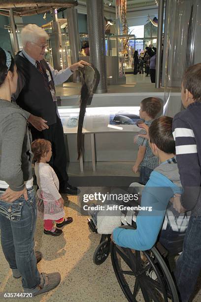 Science volunteer holding baleen whalebone at the Smithsonian National Museum of Natural History.