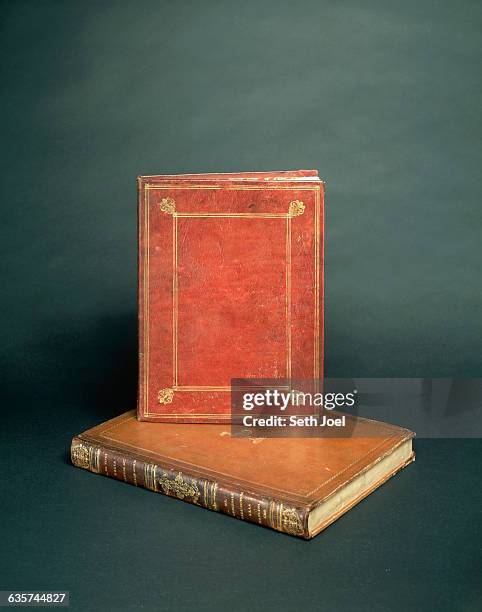 Tooled and embossed seventeeth-century clamshell box and leather binding of Leonardo's Codex Leicester.