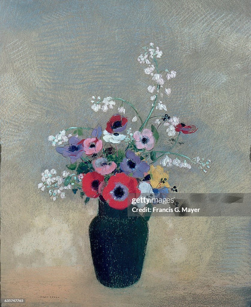 Large Green Vase with Mixed Flowers by Odilon Redon