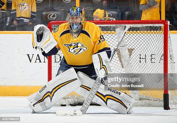 Marek Mazanec of the Nashville Predators skates in warm-ups prior to the game against the St. Louis Blues during an NHL game at Bridgestone Arena on...