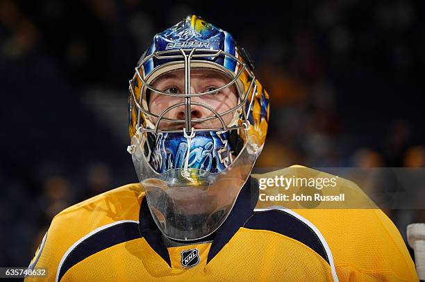 Marek Mazanec of the Nashville Predators skates in warm-ups prior to the game against the St. Louis Blues during an NHL game at Bridgestone Arena on...