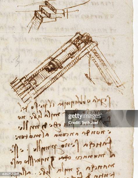 Sheet 16B: On the left page, Leonardo explores the problems inherent in building bridges and weirs and discusses the effects of various geometric...