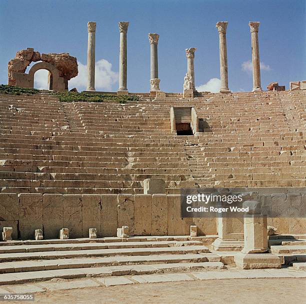 View of the theater seats in an ancient Roman Theater at Leptis Magna, Libya, September 1963.