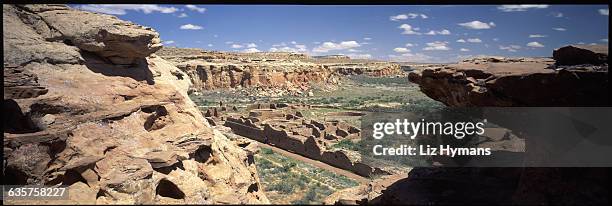 The ruins of the Chetro Ketl Pueblo in Chaco Canyon. The walls of the different rooms are clearly visible.
