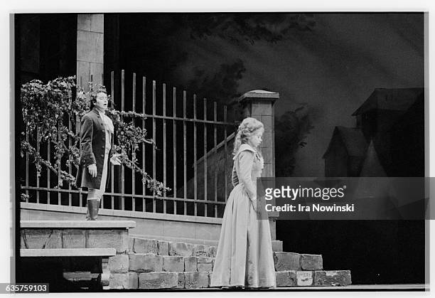 Opera singers Jose Carreras and Maria Ewing rehearse a scene from Werther. Composer: Jules Massenet.