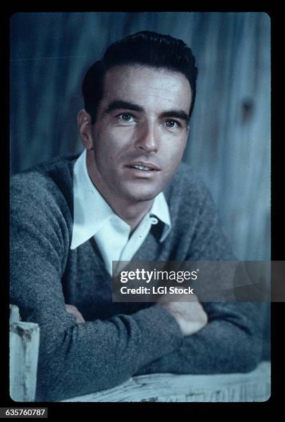 Actor Montgomery Clift is shown in what appears to be a studio portrait. Ca. 1940s-1950s.