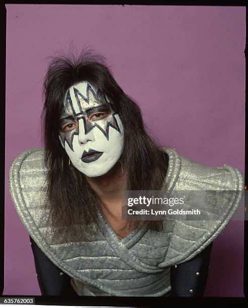 Ace Frehley, guitarist for the rock group KISS, is shown in stage makeup and costume. Undated.