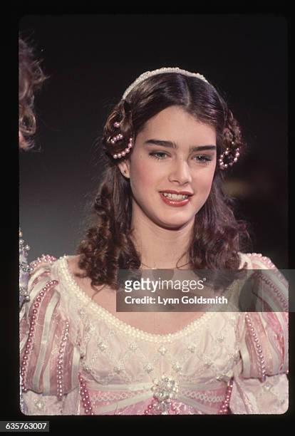 Actress Brooke Shields dressed up as a princess. Ca. 1980-1990.