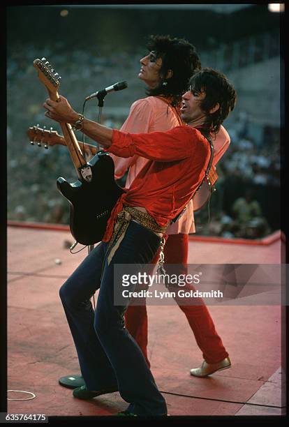 Guitarist Keith Richards and bassist Ron Wood perform during a Rolling Stones concert.