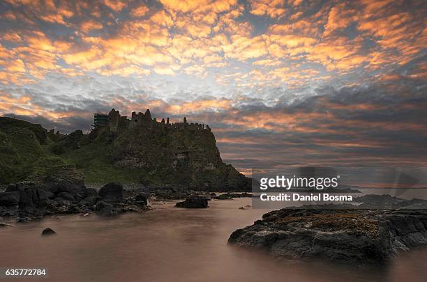 dunluce castle during colorful sunset - ireland castle stock pictures, royalty-free photos & images