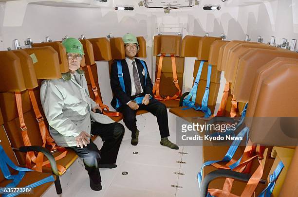 Japan - The interior of a tsunami lifeboat developed by shipbuilder IHI Corp. Is shown to the press on March 5 at its plant in Aioi, Hyogo...