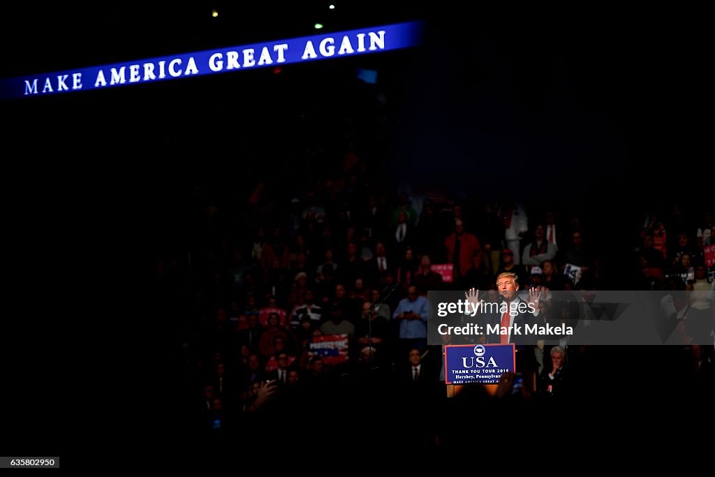 Donald Trump Continues His Election Victory Tour In Hershey, Pennsylvania