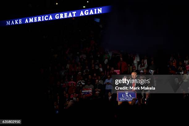 President-elect Donald J. Trump holds a "Thank You Tour 2016" rally December 15, 2016 at Giant Center in Hershey, Pennsylvania. Trump held a campaign...