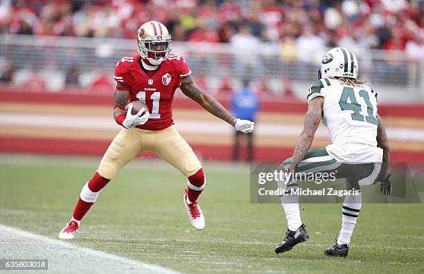 Quinton Patton of the San Francisco 49ers runs after making a reception during the game against the New York Jets at Levi Stadium on December 11,...