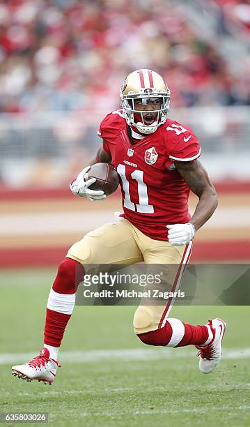Quinton Patton of the San Francisco 49ers runs after making a reception during the game against the New York Jets at Levi Stadium on December 11,...
