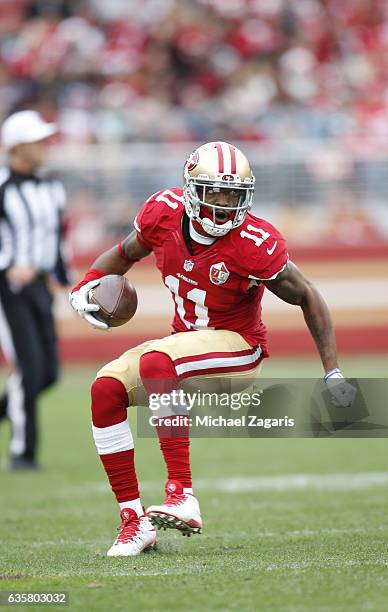 Quinton Patton of the San Francisco 49ers runs after making a reception during the game against the New York Jets at Levi Stadium on December 11,...