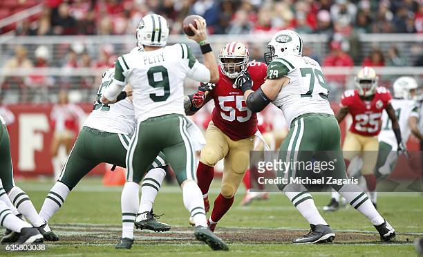 Ahmad Brooks of the San Francisco 49ers rushes the quarterback during the game against the New York Jets at Levi Stadium on December 11, 2016 in...