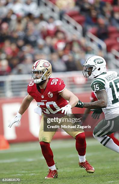 Nick Bellore of the San Francisco 49ers defends during the game against the New York Jets at Levi Stadium on December 11, 2016 in Santa Clara,...