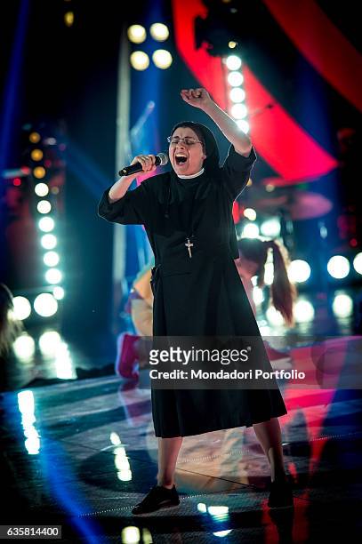 Sister Cristina Scuccia performing during the final episode of the talent show The Voice of Italy. Milan , 5th June 2014