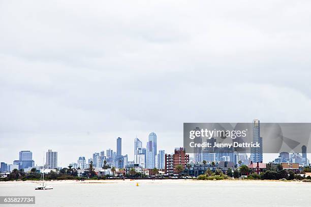 view of melbourne city - st kilda beach stock pictures, royalty-free photos & images